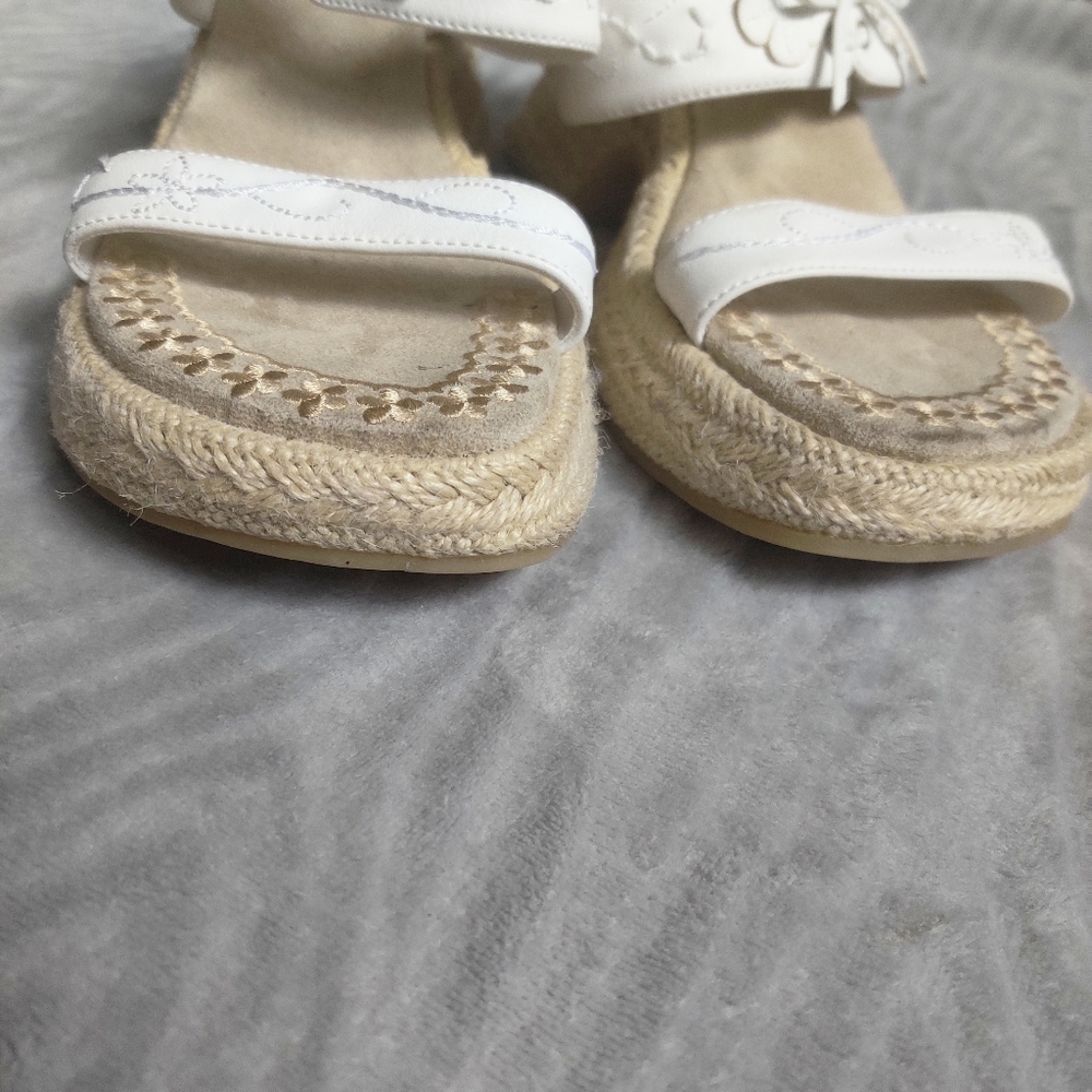 ❄️SOLD❄️VINTAGE Y2K Chunky White Floral Cottagecore Espadrille Woven Heels - Picture 6 of 8